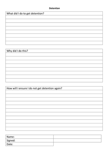 Detention Reflection Sheet Teaching Resources