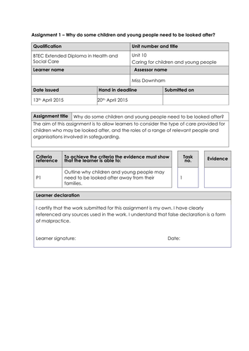 HSC BTEC Level 3 Unit 10 Caring for children and young people ...