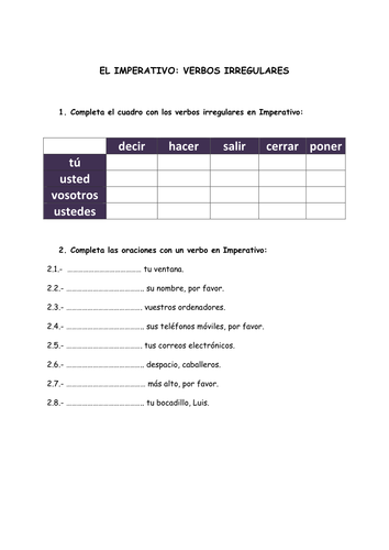 Crucigrama de los verbos irregulares en Imperativo