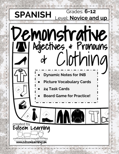 Task Cards Inb Notes And Game For Clothing Demonstrative Adjectivespronouns In Spanish 1709