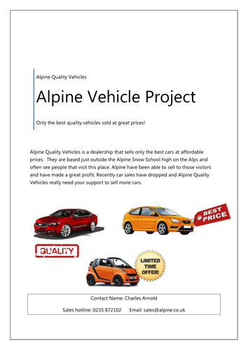 Alpine Quality Vehicles ICT Project  (ICT FS or GCSE)
