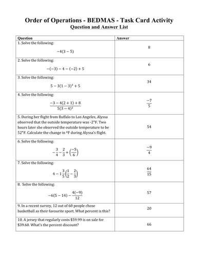 order of operations bedmas task cards and unique