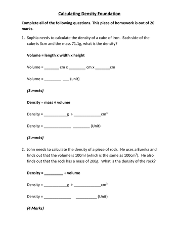 Calculating Density Problems and Answers - Particle Model Unit for New Physics 