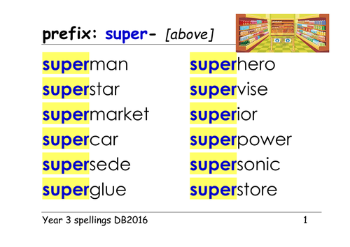 Year 3 spellings prefixes re, sub, inter, super, anti, auto