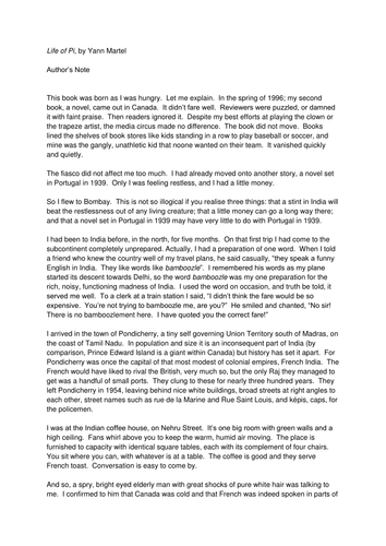 Life of Pi. Yann Martel. Author's Note. | Teaching Resources