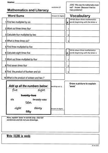 Maths and Literacy   Numeracy and Literacy  Set of 20+  Worksheets