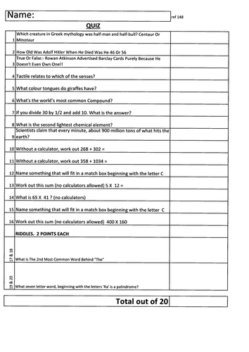 Form Time. Pack of Twenty Quizzes  Mixed Questions. General Knowledge and Numeracy and Literacy