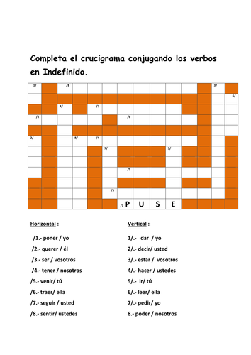 Crucigrama de los verbos irregulares en Indefinido