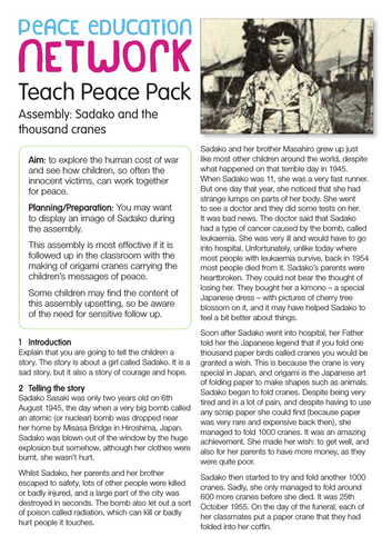 Teach Peace Sadako The Thousand Cranes Teaching Resources