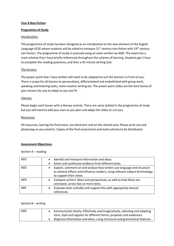 AQA Pilot Scheme Non-Fiction COMPLETE SCHEME | Teaching Resources