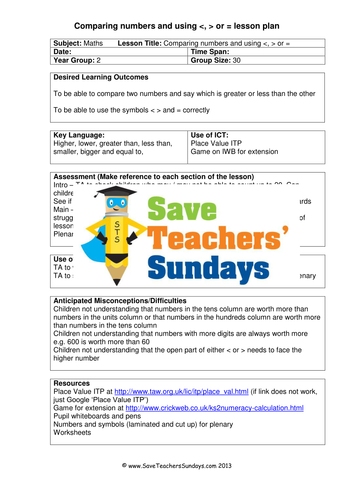 Comparing Numbers KS1 Worksheets, Lesson plans and Activities by