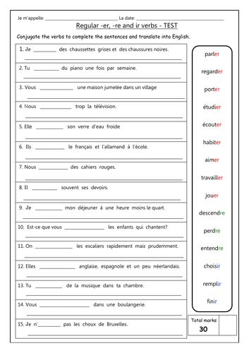 FRENCH R VISION Present Tense Regular er ir re Verbs 