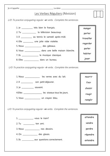 French RÉvision Present Tense Regular Er Ir Re Verbs Worksheets Teaching Resources 9258