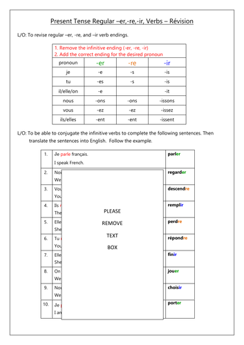 FRENCH - RÉVISION - Present Tense Regular -er, -ir, -re Verbs ...