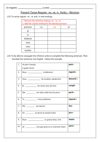 FRENCH -  RÉVISION - Present Tense Regular -er, -ir, -re Verbs - Worksheets