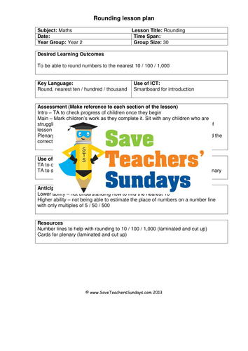 Rounding Numbers KS1 Worksheets, Lesson plans, Number lines and Plenary