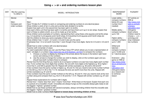 Comparing and Ordering Numbers KS1 Worksheets, Activities, Lesson plans and Other Teaching Resources