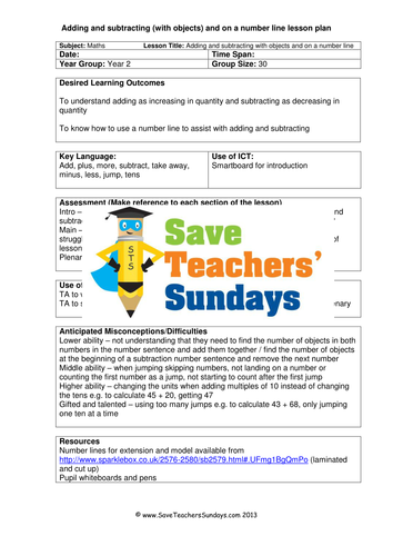 Number Line Addition and Subtraction KS1 Worksheets, Lesson Plans and