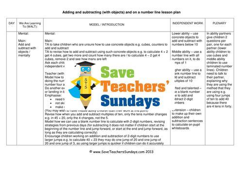 Number Line Addition and Subtraction KS1 Worksheets, Lesson Plans and