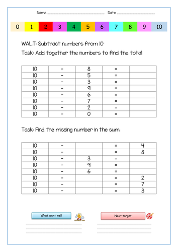 number bonds to 10 14 differentiated addition and subtraction