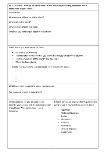 Travel Writing (Persuasive writing) Planning Sheet