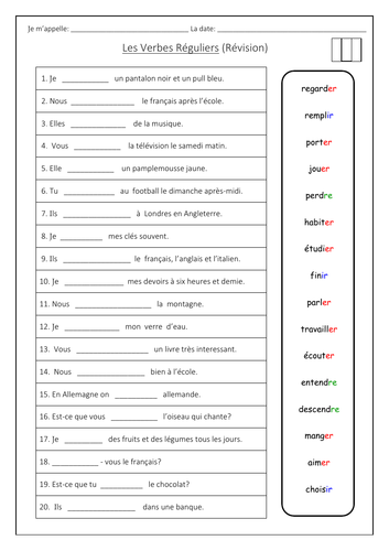 french revision present tense regular er ir re verbs worksheets teaching resources