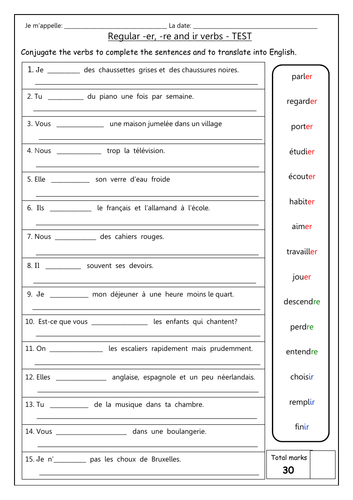 french revision present tense regular er ir re verbs worksheets teaching resources