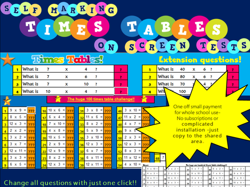 Times Tables Tests Year 4  (Practice tests, On-screen, Self Marking) Plus Printable Test Generator