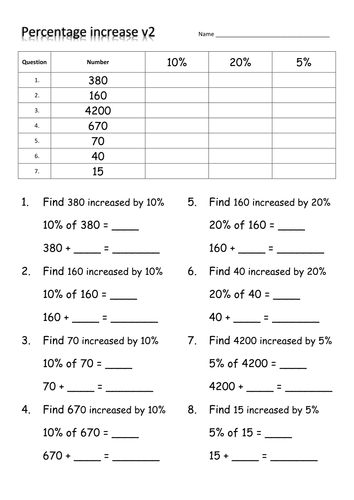 percentage increase scaffolded worksheet teaching resources