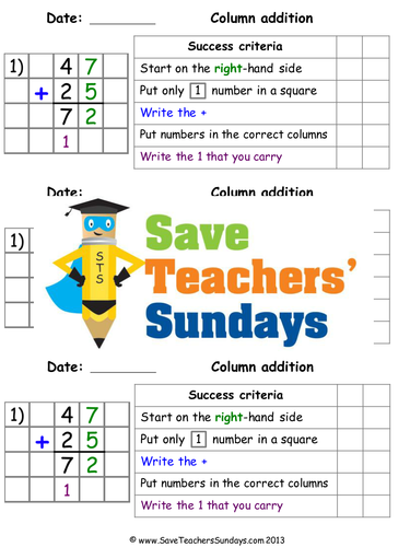 Column Addition KS1 (WITH carrying) Worksheets, Lesson Plans, Model