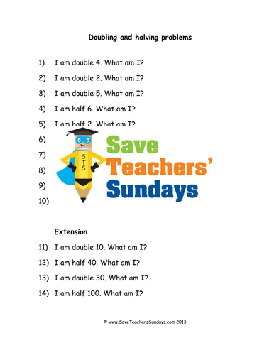 Doubling and Halving Problems KS1 Worksheets, Lesson Plans and Plenary