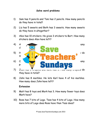 Word Problems KS1 Worksheets, Lesson Plans and Model