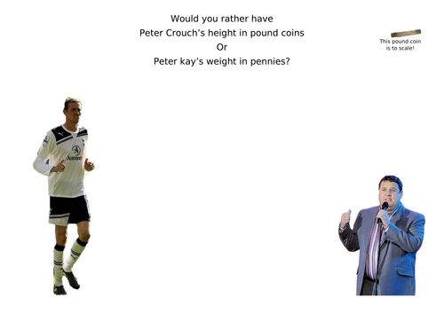 Peter Crouch's height in pound coins or Peter Kay's weight in pennies?
