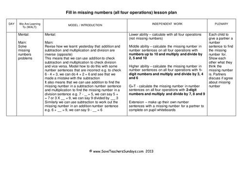 SaveTeachersSundays Lesson missing KS1  Plans Numbers Missing Worksheets number tes worksheets   by and