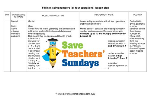 Missing Numbers KS1 Worksheets and Lesson Plans by SaveTeachersSundays