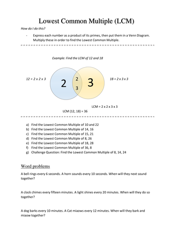 Lowest Common Multiple Lcm Only Teaching Resources