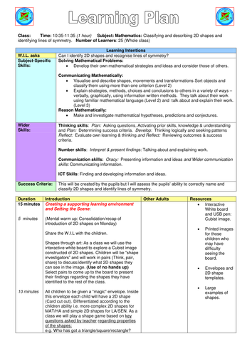 A lesson plan exploring 2D shapes and symmetry