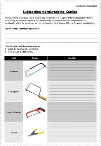 Subtraction Metalworking Tools Worksheets - Saws and files
