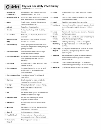 Physics Electricity Vocabulary Review and Quiz by mmingels - Teaching