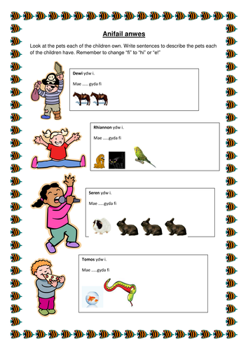 Welsh language worksheet all about pets