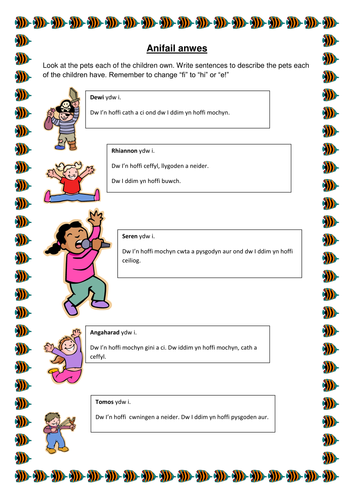 A Welsh language worksheets based on pets 