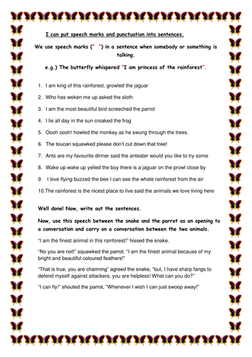 A set of differntiated worksheets exploring using speech based on The Great Kapok Tree by Lynne Cher
