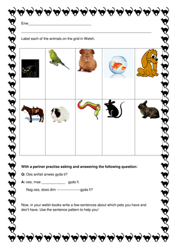 A worksheet to label different types of pets in Welsh  