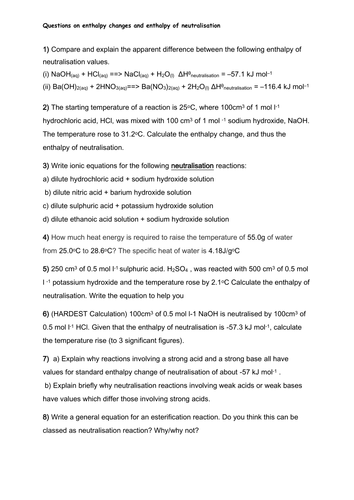 Enthalpy of neutralisation questions - AS Chemistry | Teaching Resources