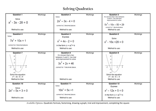 Solving Quadratic Equations Revision | Teaching Resources