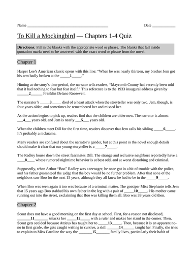 To Kill A Mockingbird Chapters 1 4 Quiz With Answer Key Teaching Resources