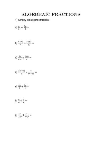 Algebraic fractions with answers | Teaching Resources