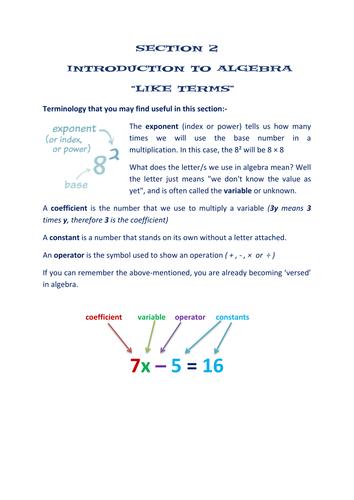 SECTION worksheet by collecting 2: WORKSHEETS LIKE    like  Math algebra TERMS  ALGEBRA terms GATHERING