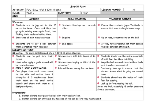 Detailed FOOTBALL (Advanced) Unit of Work - Yr 9 Lesson Plans x12 ...