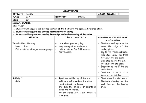 Detailed HOCKEY Unit of Work - Yr 7 Lesson Plans x 8